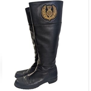 Stuart Weitzman Black Riding Style Pebbled Leathe Boots Gold Detail Size 8